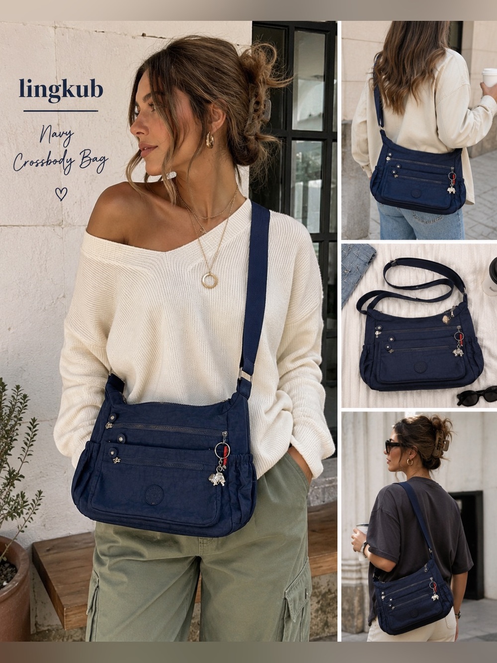 Lingkub Navy Nylon Multi Pocket Crossbody Travel Bag